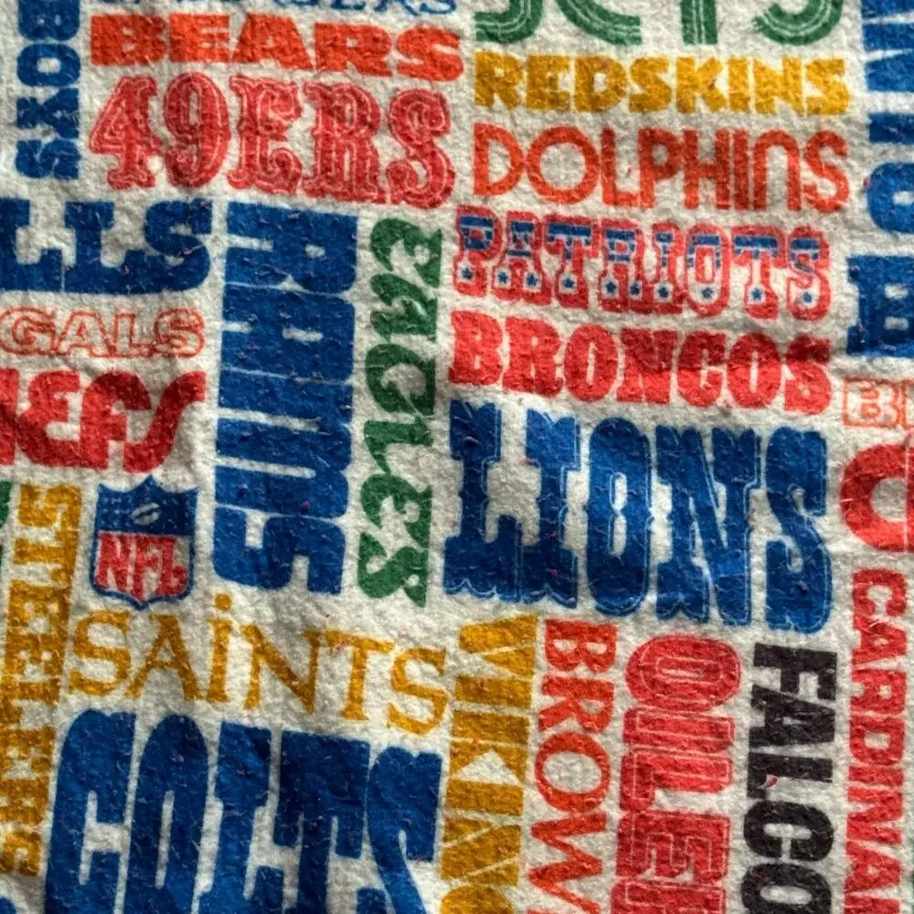 Vtg 1980's Sears NFL Team Collage Satin Trimmed Fleece Blanket
